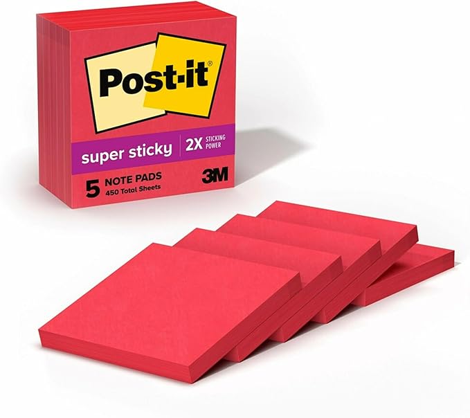 Post-it Super Sticky Notes, 5 Sticky Note Pads, 3 x 3 in., Ideal for Organization in Your Dorm, Home or Office, Single Color Packs Collection, Candy Apple Red