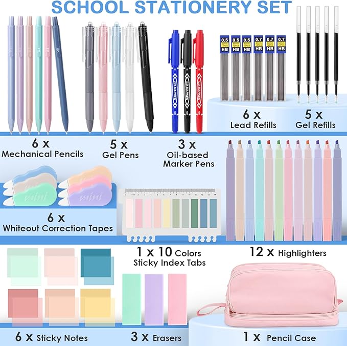 54 PCS Aesthetic School Supplies, Stationery Essentials Set with Large Pen Case, Mechanical Pencils & Black Ink Gel Pens with Refills, Markers, Erasers, Highlighters, Sticky Notes, Correction Tapes