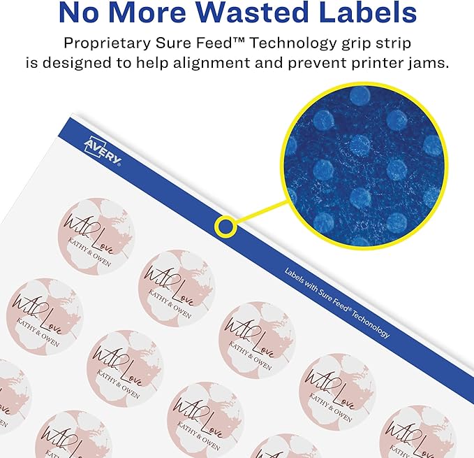 Avery Glossy White Round Labels, Sure Feed Technology, 1.25" Diameter, 300 Glossy White Labels, Print-to-The-Edge, Permanent Adhesive, Laser/Inkjet Printable