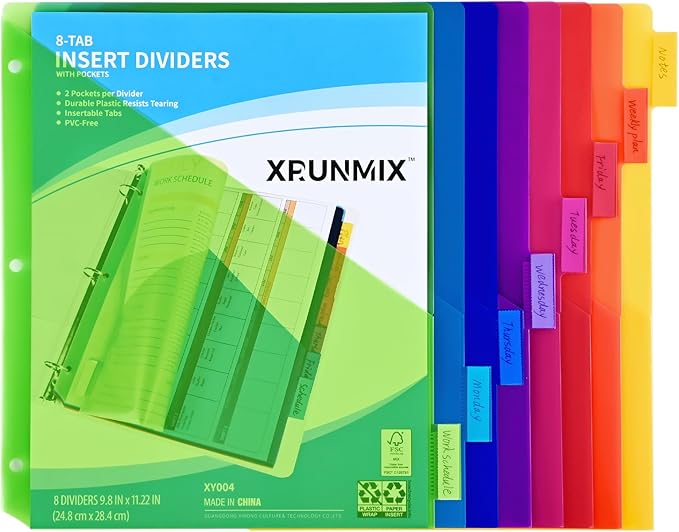 8-Tab Binder Dividers - Index Pockets Divider for 3 Ring Binders, 3-Hole Plastics Sheets Protectors for US Letter Size in 0.5'', 1'', 2'', 3 inch Binders, 8 Colors (XY004) (1 Pack)