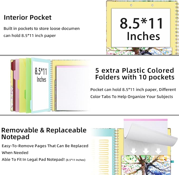 Ospelelf Clipboard with Storage 8.5 X 11，Padfolio Organizer, Spiral Portfolio Letter Size with Notepad, Pen Holder, 5 Extra Folder Divider Pages, Elastic Closure Nurse Office Essentials (Tree Seasons)