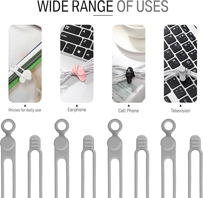 Nuanchu 40 Pcs Silicone Cable Ties Reusable Holder Adjustable Straps Multipurpose Charging Cable Organizer for Fastening Charging Cords Wires(4.17 Inch,Black, Gray)