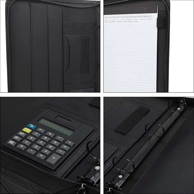 Business Portfolio with Zipper 3 Ring Binder Organizer - PU Leather Folder Padfolio Document Organizer with Solar Calculator,Writing Pad