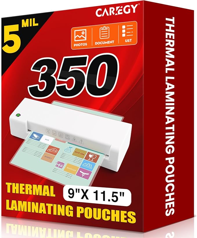 CAREGY Thermal Laminating Pouches,350 Pack Laminating Sheets, 5 Mil, 9 x 11.5 Inches Lamination Sheet Paper for Laminator, Round Corner Letter Size, Office and School Supplies