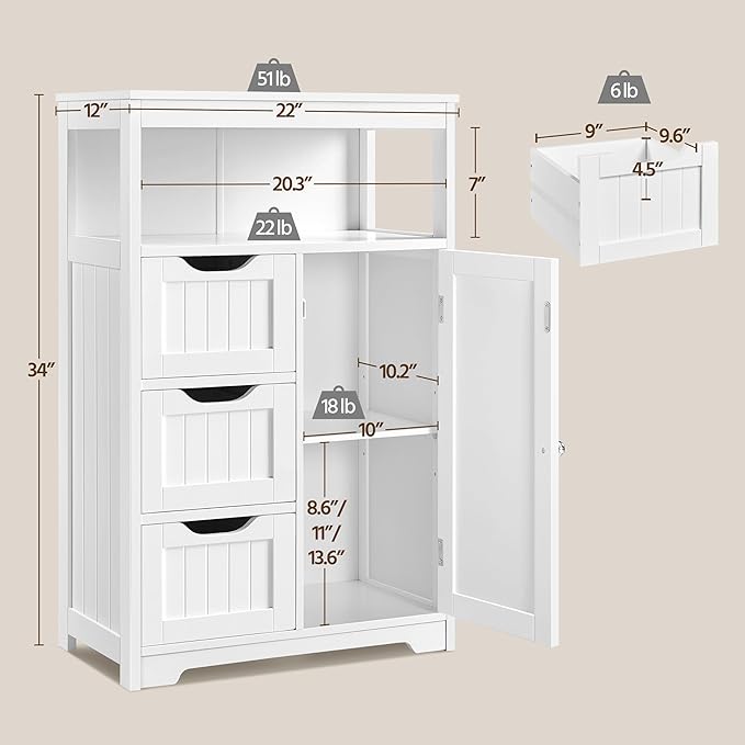 Yaheetech Bathroom Floor Cabinet Wooden Storage Organizer with 1 Door and 3 Drawers, Free-Standing Cupboard for Kitchen/Living Room/Bathroom Use, White
