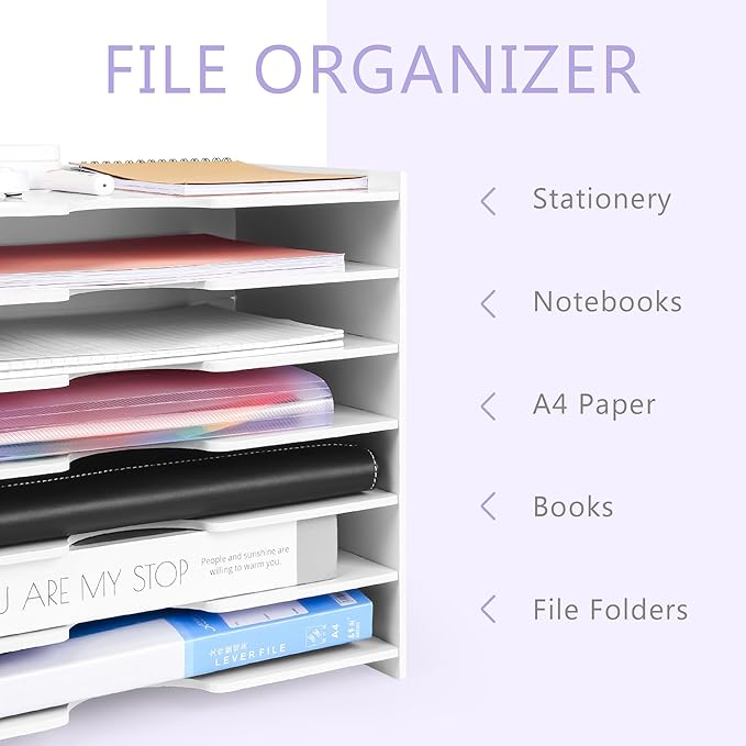 Paper Organizer Storage for Desk, 7 Tier Wide Construction File Organizer Paper Sorter, Desktop Document Storage Holder for Home Office School, White