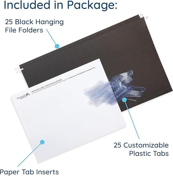 25 Blue Summit Supplies Legal Size Hanging File Folders - Black Hanging File Folders for Filing Cabinet, Durable 11 pt Paper with Plastic Tabs and Inserts, Black Legal Size Hanging Folders