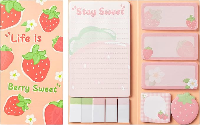 Xqumoi Life is Berry Sweet Sticky Notes Set, 550 Sheets, Strawberry Pattern Self-Stick Notes Pads Summer Fruit Divider Tabs Bundle Writing Memo Pads Back to School Office Supplies Small Gift