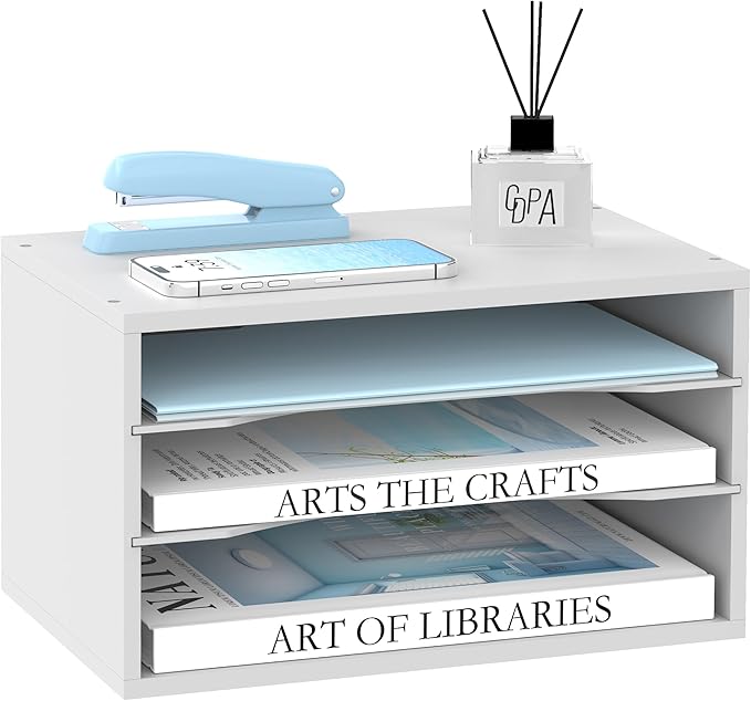 SUPEASY Wood Desk Organizer, 3 Tier Paper File Organizer for Desk, Wooden Desktop Organizer, Paper Letter Literature Mail Sorter, for Office School & Home Organization, White