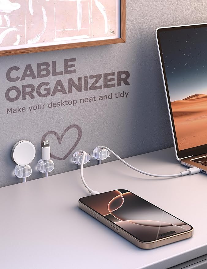 Cable Clips, Chfeila 6Pack Dual Spring Cord Organizer with Clasp Lock, [Max Stability] Desk Cable Management, Adhesive Phone Charging Wire Holder for Nightstand/Car/Wall, Office Accessories Decor