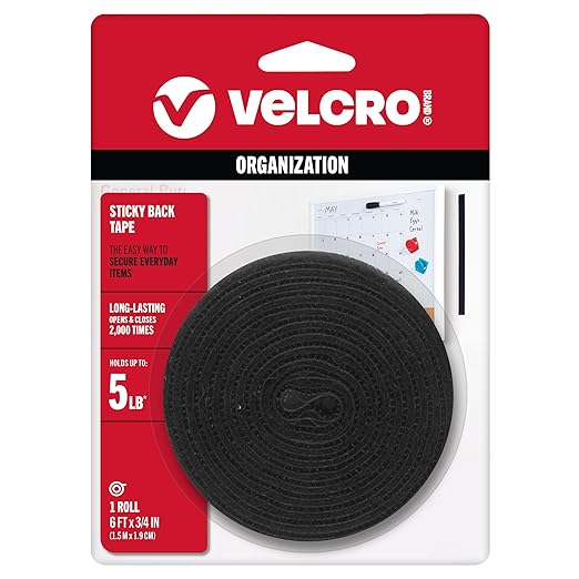 VELCRO Brand 6 Ft x 3/4 in | Sticky Back Tape Roll with Adhesive | Cut Strips to Length | Hook and Loop Fasteners | Perfect for Home, Office or Classroom, Black, 90975W