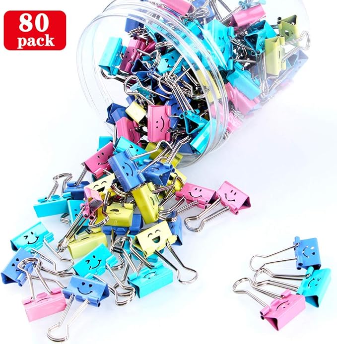 【80pack】 Binder Clips, Limque Paper Clips,Paper Clamps with Colored Cute Hollow Smiling Face,80 Pcs Assorted Size Clip, for Office,Teacher Gifts and Kitchen