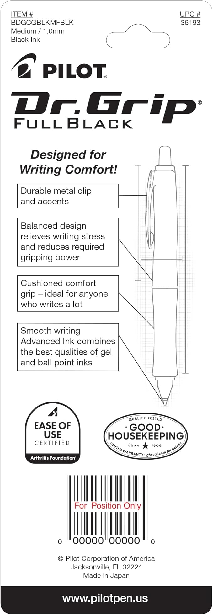 PILOT Dr. Grip FullBlack Refillable & Retractable Ballpoint Pen, Medium Point, Black Ink, Single Pen (36193)- Ideal for School, Journaling & Office Writing