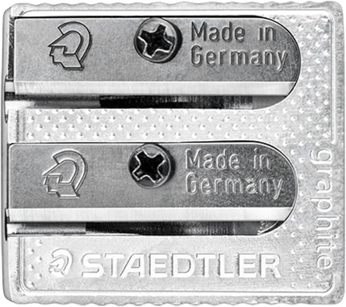 STAEDTLER Metal Double-Hole Pencil Sharpener - Precision 23° & 30° Angles for Standard & Colored Pencils - 3-Point Blade Design for Sharp Lines