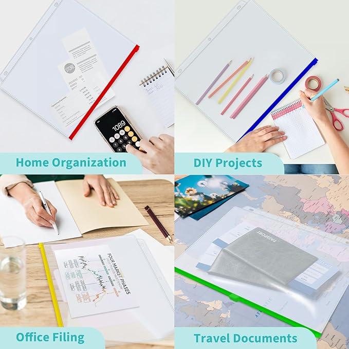 Binditek 40 Pack Plastic Zippered Binder Pockets, 3-Hole Punched for 3 Ring Binder, Clear PVC with Multicolor Zippers, Waterproof Loose Leaf Bag Pouch for Document Filing and Storage