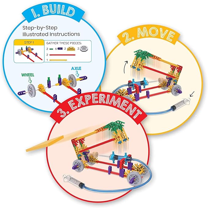 hand2mind Moving Creations with K'NEX, Book and Building Kit for Kids Ages 8-12, 9 Models & 18 Science Experiments, Explore The Science of Air and Water, Homeschool Science Kits