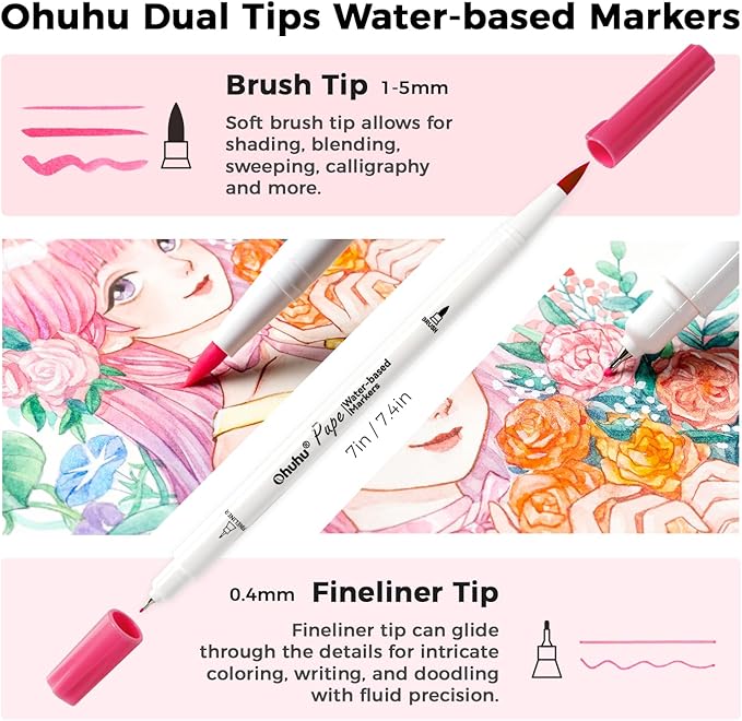 Ohuhu Markers Paper-friendly No Peeling Water-based 120 Colors Dual Brush Fineliner Tips Markers for Adult Coloring Books No Bleeding Drawing Pens for Kids Beginner Calligraphy - Pupe