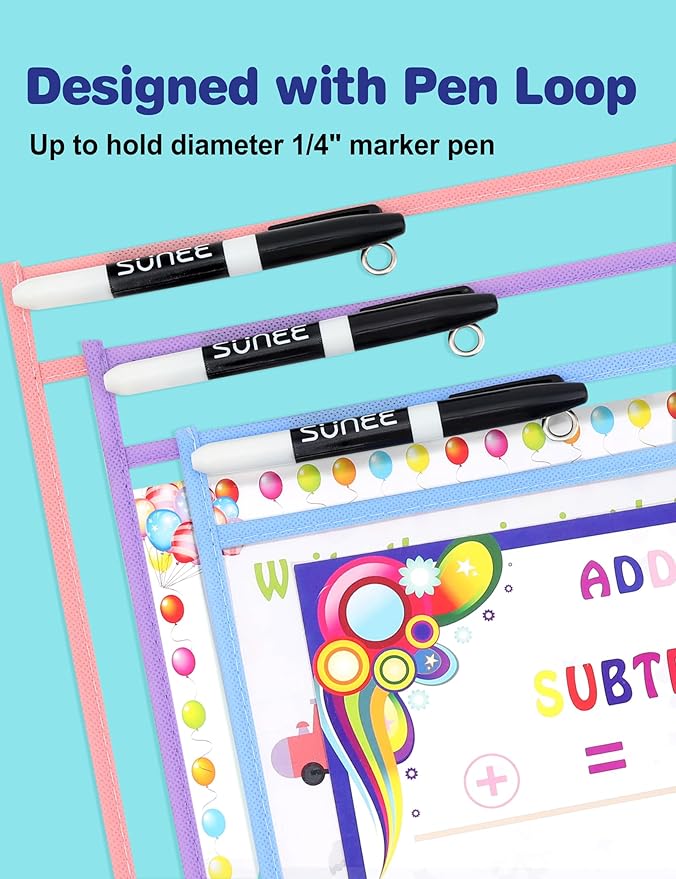 SUNEE 35 Packs Oversized Reusable Dry Erase Pocket Sleeves with 2 Rings, 10 Morandi Colors 10x14 Ticket Holders, Clear Plastic Sheet Protectors, Teacher School Classroom Supplies