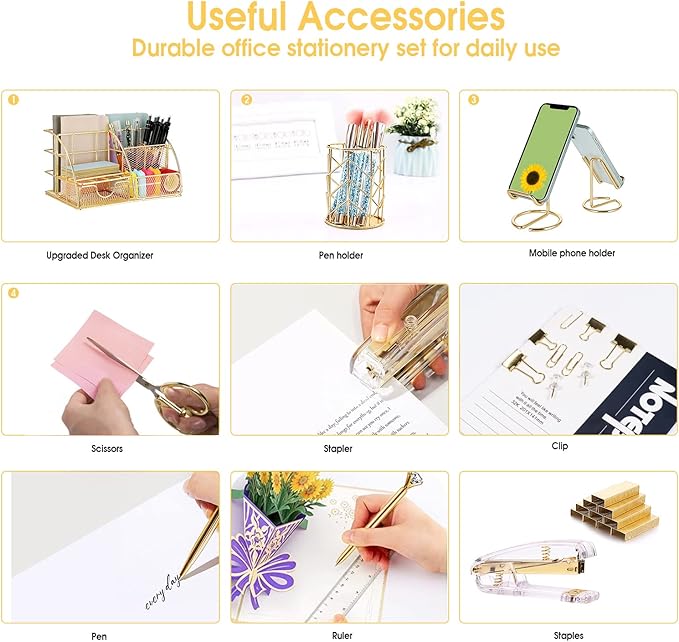 Gold Desk Organizers and Accessories Office Supplies Set Stapler, Pen Holder, Phone Holder, Scissors, Pen, Ruler, 30 Paper Clips, 22 Binder Clip, 20 Tacks and 1000pcs Staples (Gold)