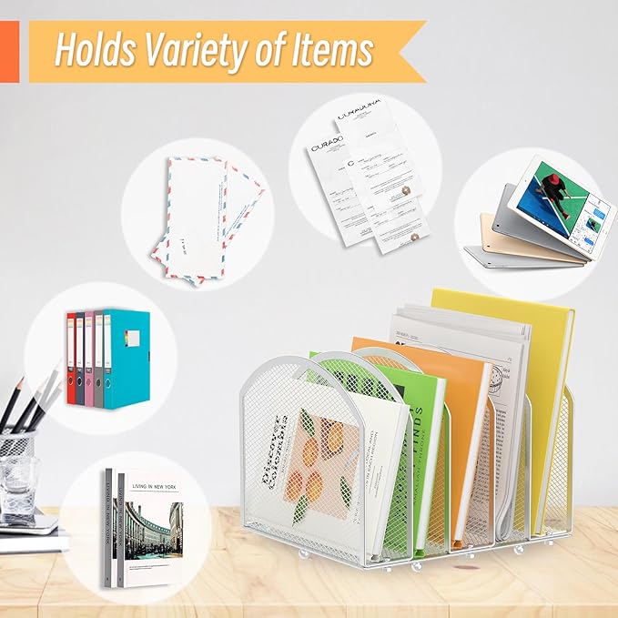 Desk File Organizer 5 Sections Desktop Organizer File Sorter Office Organization File Folder Holder for Office School & Classroom (Silver, 5 Section - 1Pack)