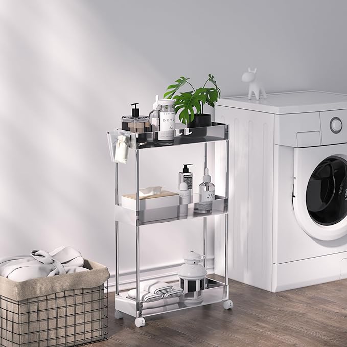 VECELO 3-Tier Acrylic Rolling Cart, Utility Cart for Kitchen Storage, Mobile Shelves Slide-Out Organizers with 2 Lockable Wheels&Hooks for Bathroom Laundry Room Living Room Office, Clear