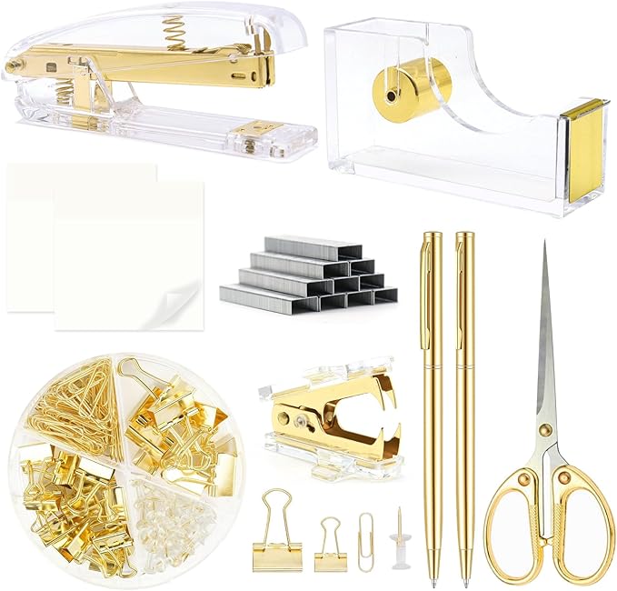 Gold Office Supplies,UPIHO Gold Desk Accessories,Stapler and Tape Dispenser Set with Large Stapler,Tape Dispenser, Staple Remover, Staples, Clips,Scissor,Pen and Sticky Notes,Gifts for Office Clerks