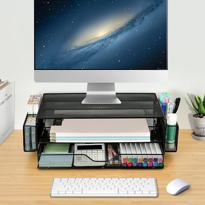 AUPSEN 2 Tier Computer Monitor Stands with Drawer and 2 Pencil Holder, Metal Monitor Stand Monitor riser, Computer Desk Organizer and Accessories for Laptop, Computer, Printer, Office Supplies(Black)