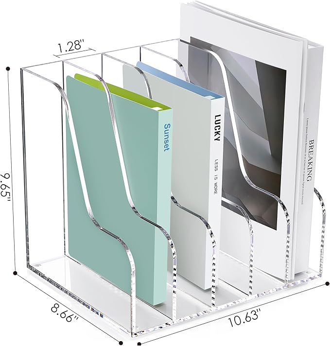 SANRUI Acrylic Desk Organizers, Clear Magazine File Holder, 5 Vertical Compartments A4 Folder Binder Holders Sorter, Office Desktop Workspace Organization Storage Rack for Office Home School