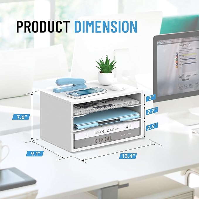 Wood Desk Organizer, 3 Tier Paper Tray Organizer for Desk with Adjustable Storage Shelves, Desktop File Organization Paper Sorter Mail Holder for Office Home Classroom, White
