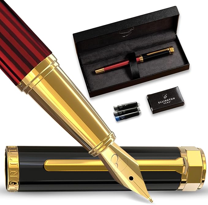 Ellington Pens Luxury Fountain Pen Set - Extra Fine Nib - Includes 3 Ink Cartridges, Refillable Ink Converter, Gift Box-Fountain Pens For Writing, Calligraphy, Journaling, Sketching (Crimson Blend)