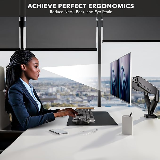 Mount-It! Dual Monitor Desk Mount – Full Motion Gas Spring Arms, Fits 13 to 32 Inch Screens, Holds 17.6 lbs per Arm, Dual Monitor Stand, VESA Mount, C-Clamp & Grommet Base