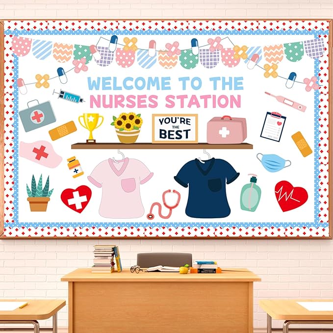 79Pcs School Nurse Bulletin Board Decorations Set Welcome Back to School Classroom Decorations Kit Nurse Appreciation Office Decor Medical RN Cutouts Healthcare Workers Decor for Chalkboard Wall Door