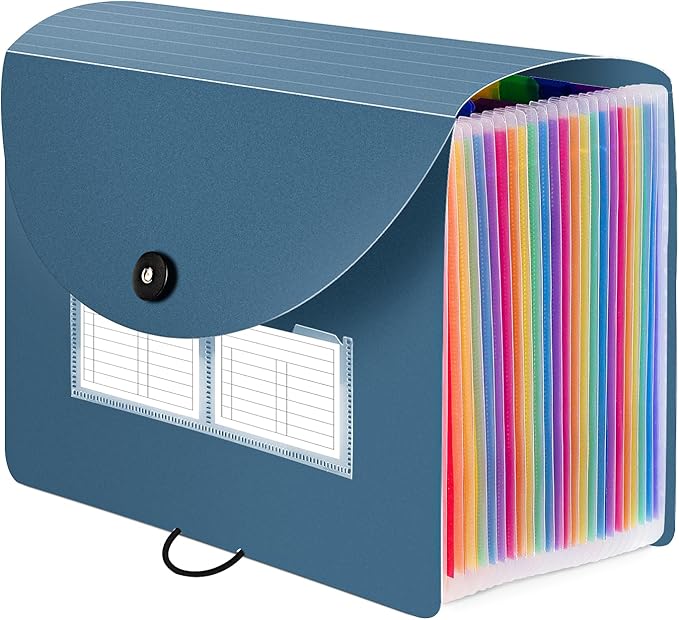 Sooez 24 Pockets Expanding File Folder with Blank Labels, According File Organizer with Expandable Cover, Desktop Accordion Folders Letter A4 Paper Document Storage Organizer, Blue