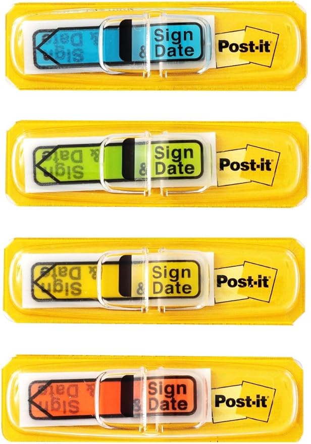 Post-it Message Flags, Sign and Date, 30/Dispenser, 4 Dispensers/Pack, .47 in Wide, Assorted Colors (684-SD) (24 Pack)