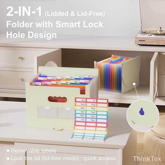 ThinkTex Accordion File Organizer, 12 - Pocket Expanding File Folders for Paper Receipts, Bills&Taxes Organizer, Letter/A4 Size Document Holder for School, Office, Home with tabs-Beige Color