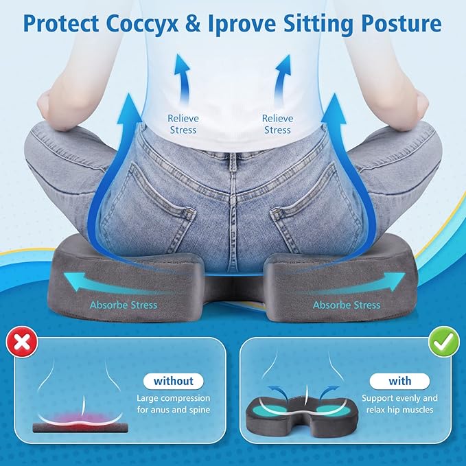 CloudBliss Gel Seat Cushion - Cooling Gel Enhanced, Memory Foam, Ergonomic Seat Cushion for Long Sitting for Office, Game, Car, Airplane (X-Large, Grey)