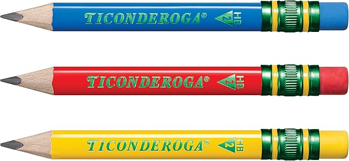 Ticonderoga My First Short Triangular Wood-Cased Pencils, #2 HB Soft, With Erasers, Primary Colors, 12 Count