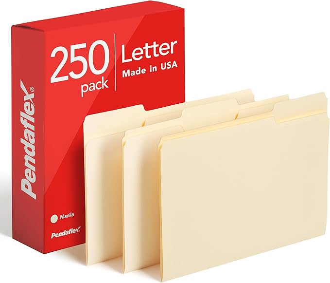 Pendaflex File Folders, Letter Size, 1/3 Cut, Manila, 250 per Box (752250)