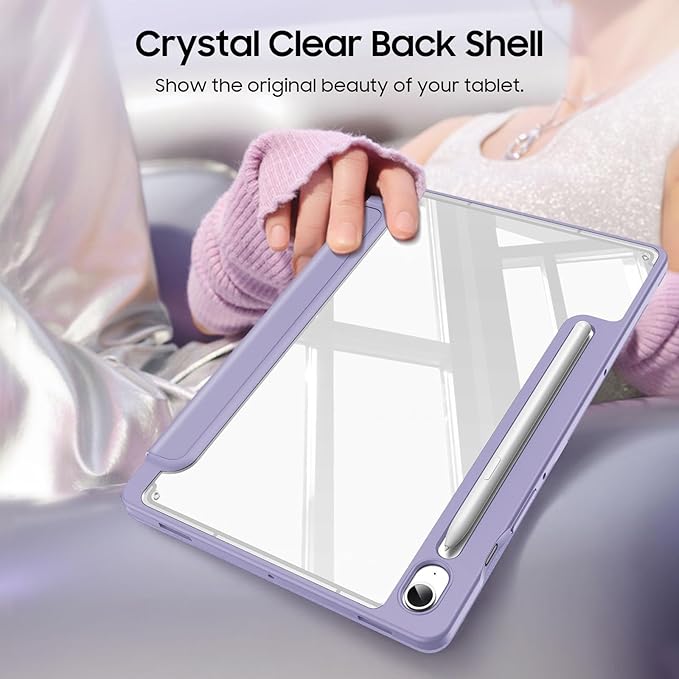 Fintie Hybrid Slim Case for Samsung Galaxy Tab S10 Lite/ S10 FE/ S9 FE 10.9 Inch/Tab S9 11 Inch with S Pen Holder, Shockproof Cover with Clear Transparent Back Shell, Auto Wake/Sleep, Lilac Purple
