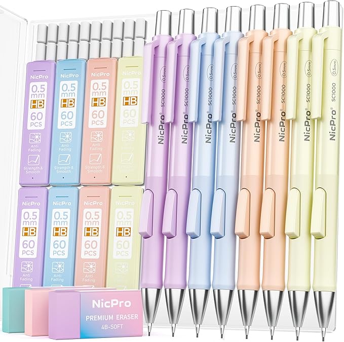 Nicpro 8 Pack Pastel Mechanical Pencil 0.5mm, Cute Fast Click Mechanical Pencils Set with 480PCS HB Lead Refills, 3 Erasers with Case, Aesthetic School Supplies for Writing Drawing Sketching