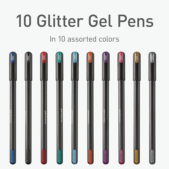 Pentonic Glitter Gel Pens, 10 Count, 10 Assorted Colors, 1.0 mm Bold Point, Smooth Writing For Journaling, Notetaking & Art Projects (1002365)