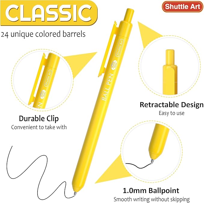Shuttle Art Ballpoint Pens, 24 Pack Colored Retractable Black Ink Ball Point Pens, Cute Pens 1.0mm Medium Point Quick Drying for Writing Journaling Taking Notes School Office Home