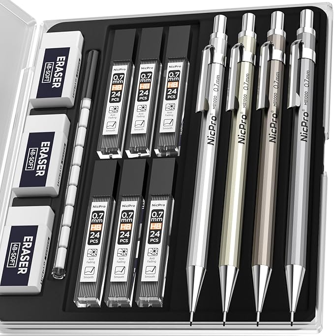 Nicpro 4 Pack Mechanical Pencil 0.7mm with Case, MB1000 Metal Mechanical Pencil Set with 6 Tube HB #2 Lead Refill 0.7 mm, 3PCS 4B Eraser, 9 Cap Eraser for Artist Drafting Writing, Sketching, Drawing