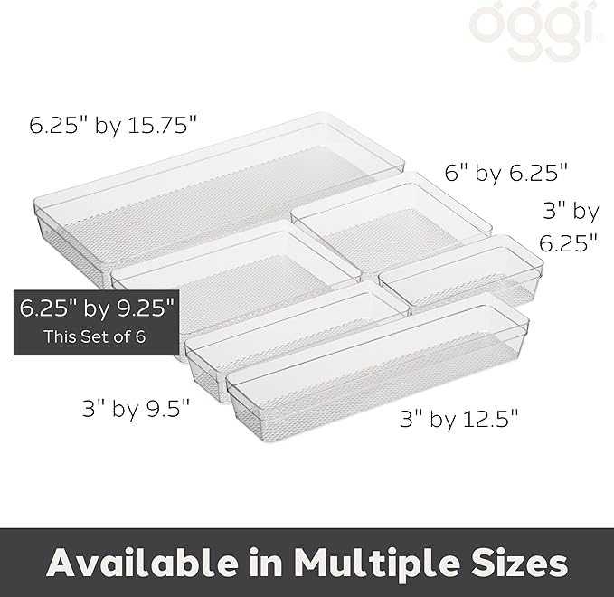 Oggi Clear Drawer Organizer - 6.25" X 9.25" (Set of 6) - Ideal for Organizing Kitchen Drawers, Office, Desk, Silverware, Kitchen Utensils, Cosmetics and Bathrooms
