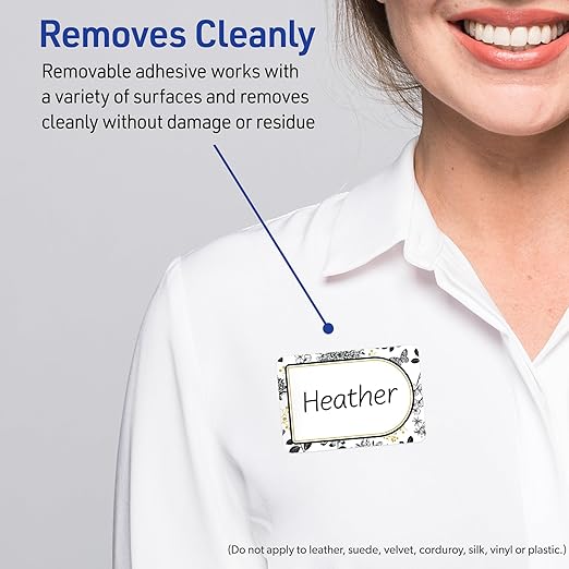 Avery Printable Adhesive Name Badges, 2-1/3" x 3-3/8", Pre-Printed Arched Gold & Black Florals Design, Matte White, Laser & Inkjet Compatible, 80 Total