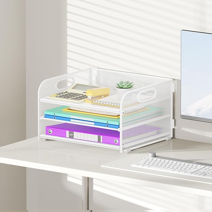 3 Tier Paper Organizer with Handle, Metal Desk Organizer Mesh Paper Letter Tray Desktop File Folder Document Sorter for Classroom, School, Office Accessories Organization and Storage - White