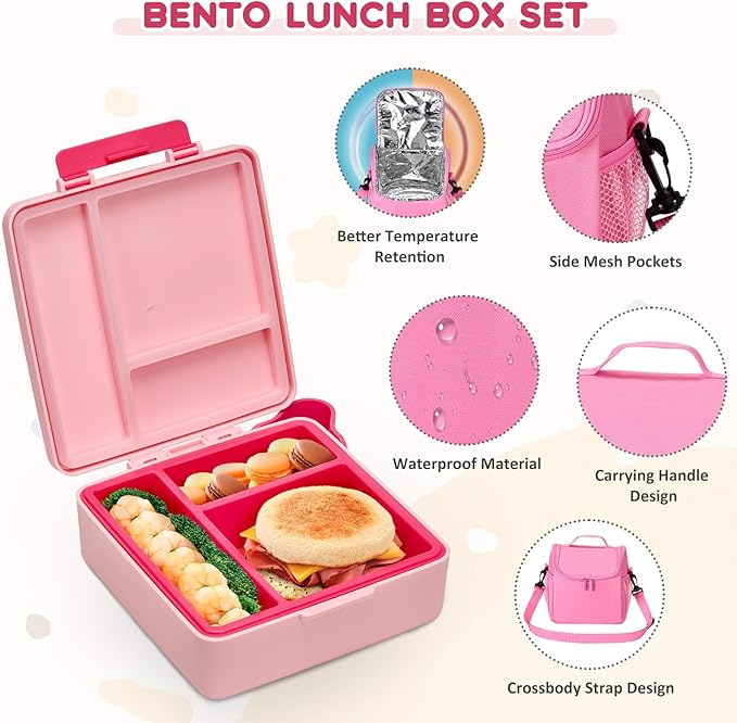 Lunch Box Set with Bento Box Container, 17OZ Stainless Steel Food Soup Thermo, Kids Water Bottle & Portable Insulated Lunch Bag – Leakproof, Hot/Cold Retention for School, Travel(Pink)