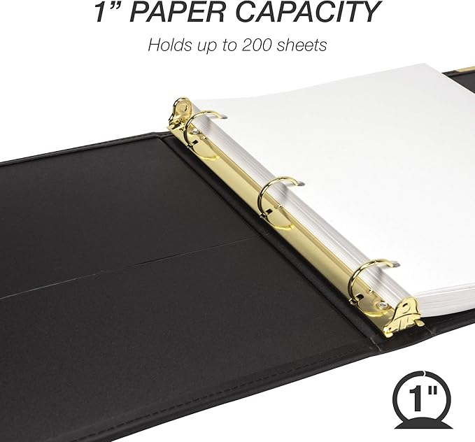 Samsill Leather Binder, Classic Collection, 3 Ring, Executive Presentation Portfolio, 1 Inch (Holds 200 Sheets), Brass Round Ring, Black