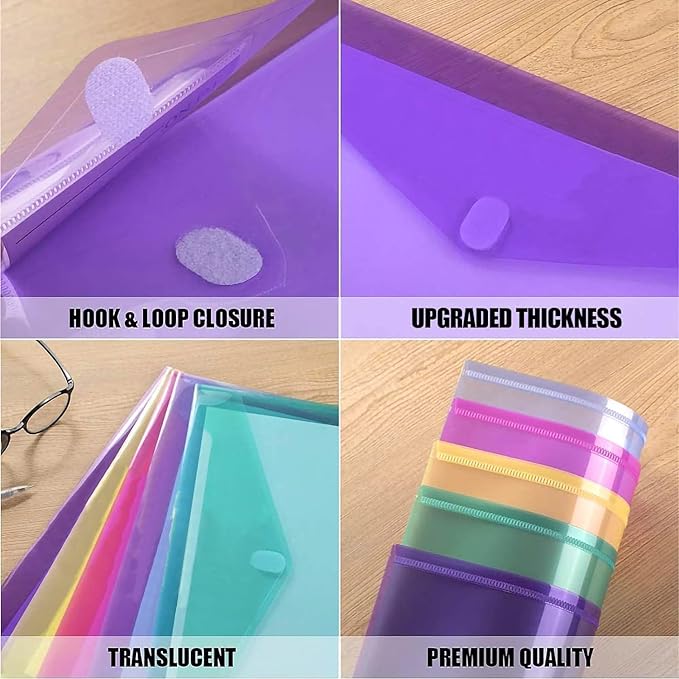 Sooez 50 Pack Plastic Envelopes Poly Envelopes, HeavyDuty File Folders, Clear Folders with Pockets, Folders for Documents Letter A4 Size, Filing Folders, Paper Storage, Office School, 8 Colored