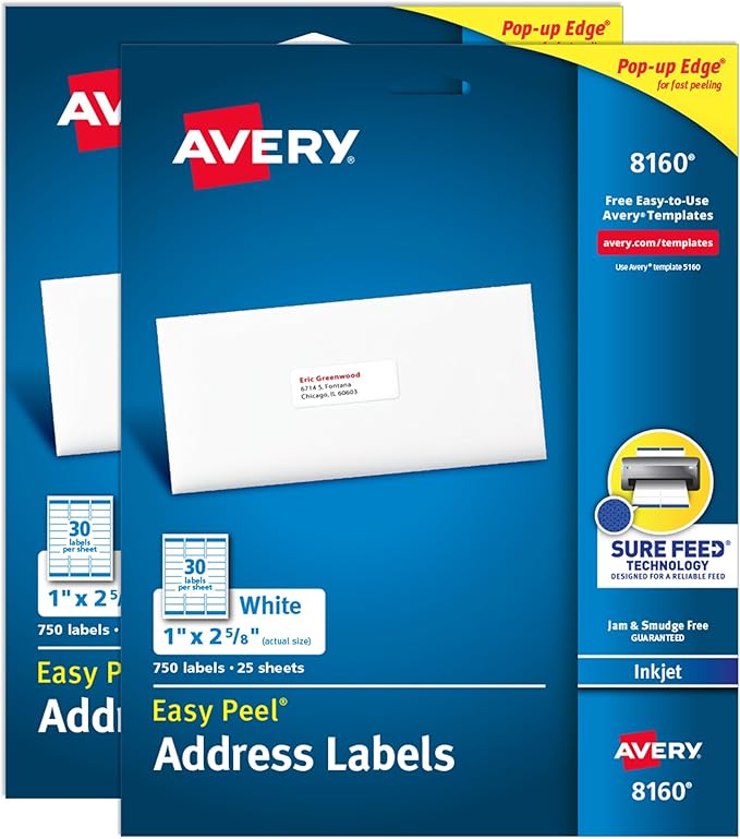Avery Easy Peel Printable Address Labels with Sure Feed, 1" x 2-5/8" Customizable Stickers, White, 1,500 Blank Mailing Labels, Great for Mailing, Shipping, and More (2-Pack of 08160)